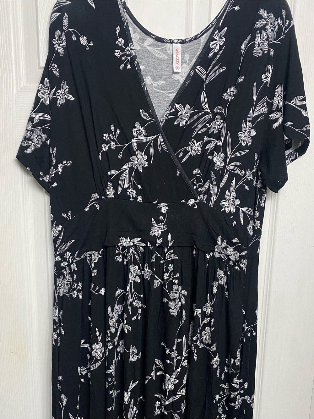 Black Floral V Neck Midi Dress - White Floral Print
